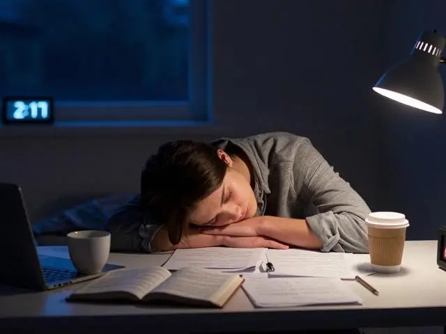 Un étudiant fatigué révisant tard le soir, illustrant l'importance du sommeil pour gérer le stress des examens
